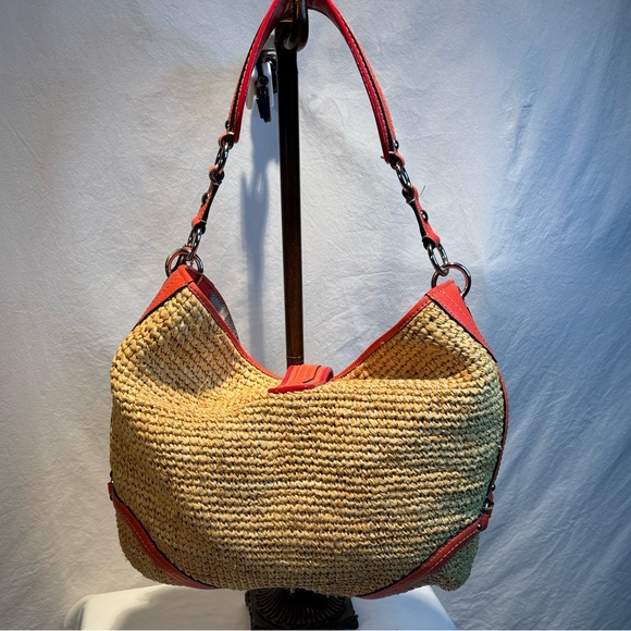 Vintage Large Raffia Hobo Coach Straw/Leather Bag with Coral Trim - Picture 3 of 15